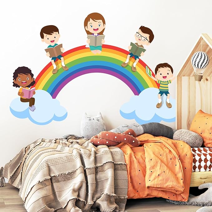 Kids Wall Decals Large Rainbow Wall Stickers for Nursery, Educational Reading Corner Decor Posters Cloudy Rainbow Student Reading Wall Art Murals for Kids Room Playroom Classroom