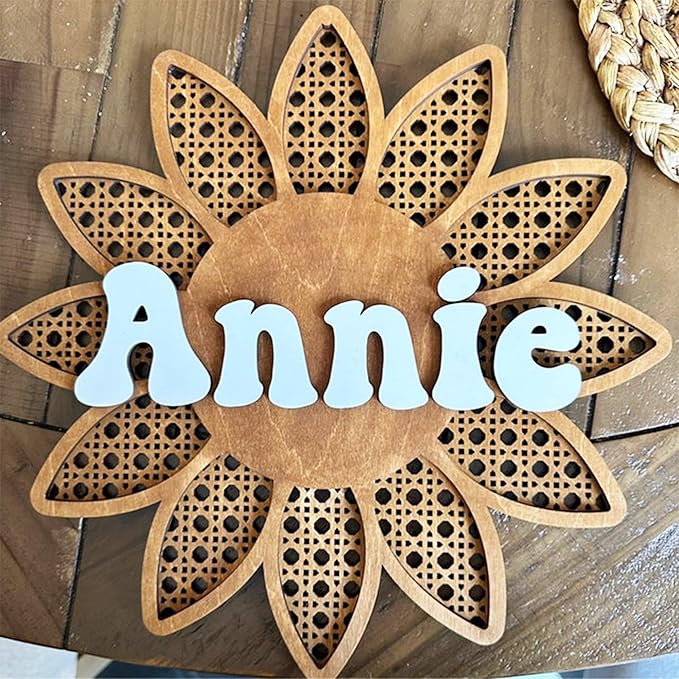 Personalized 3D Name Sign for Nursery, Custom Boho Floral Name Sign, 3D Wooden Layered Handmade Letter Wall Decor for Nursery or Child's Bedroom, Rattan Baby Name Sign