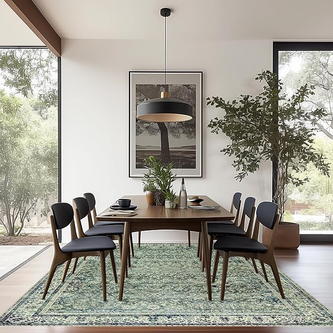 6x9 Area Rugs Washable Rugs for Bedroom,Faux Wool Moody Floral Boho Vintage Oriental Indoor Carpet for Living Room,Hunter Forest Green