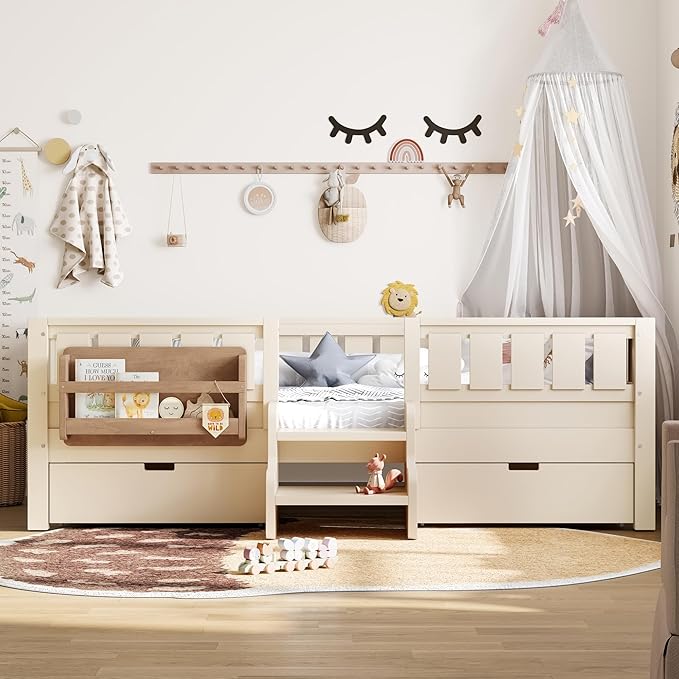 Bellemave Twin Bed with Slats and Stairs, Twin Size Platform Bed Frame with Fence, Bookshelf and Storage Drawers, Easy Assemble Beds for Kids, Girls, Boys, Beige