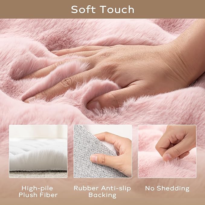 Ashler Faux Rabbit Fur 3D Bubble Rect Rug, Soft Pink Fluffy Shaggy 2x3 FT Carpet, Machine Washable for Living Room, Bedroom & Nursery - Fuzzy Rectangle Area Rug