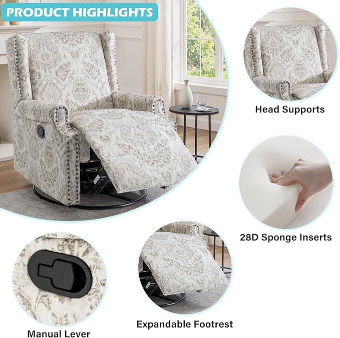 UIXE Swivel Glider Recliner Chairs Set of 2, High Back Nursery Rocker Fabric Accent Chair for Living Room, Rivet Trim Upholstered Armchair Manual Reclining Sofa Seating - Beige Floral