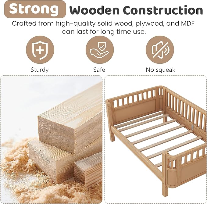 Twin Bed Frame with Rails for Kids, Wood Montessori Bed Twin with 2 Storage Drawers &Slats Support, Modern Daybed with Removable Bed Rails for Girls Boys Bedroom Living Room, Natural