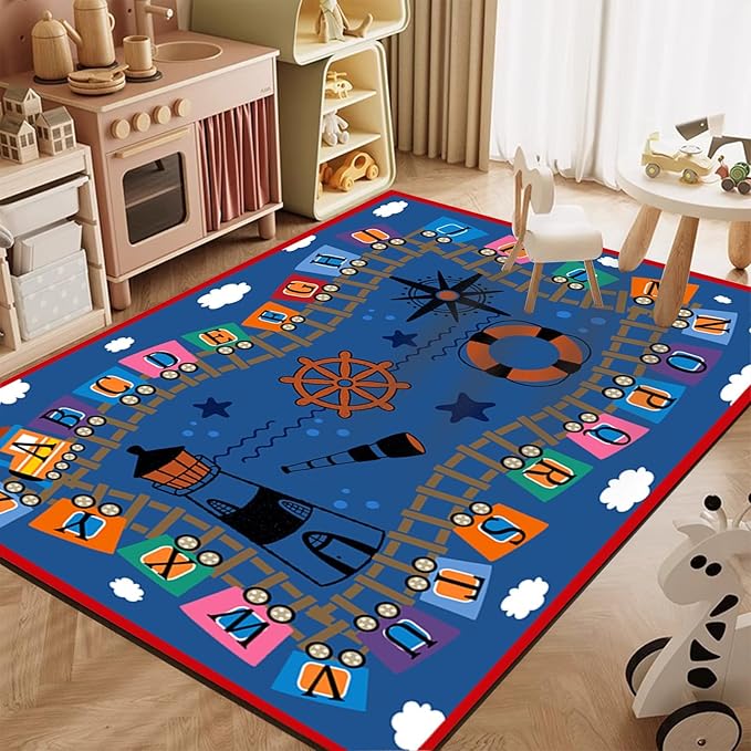 Nautical Theme Kids Rug, 4x5ft, Cartoon Railway Letter Train Indoor Throw Rugs, Washable Dirty Resistant Absorbent Mat for Indoor, No Crease Cozy Thin Carpet for Floor Family