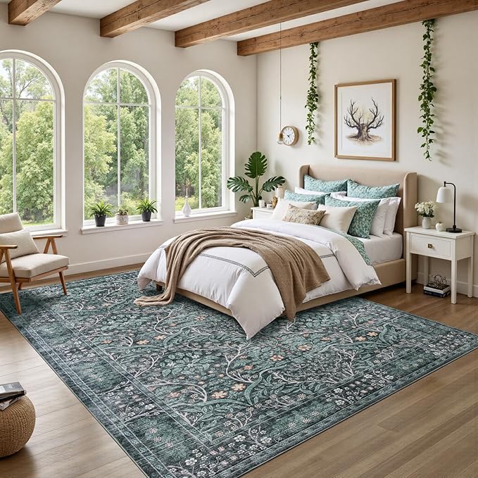 Retro Green Area Rug 6x9 Machine Washable Rug for Living Room,Entryway Bedroom Farmhouse Nursery Home Office，Low Pile Stain & Slip Resistant Large Dark Green Carpet for Bedroom