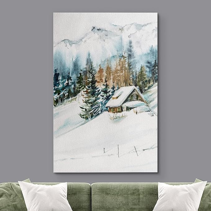 SIGNWIN Canvas Print Wall Art Woodland Nursery Decor Log Cabin Winter Snow Mountain Forest Nature Illustrations Modern Art Decorative Landscape Colorful for Living Room, Bedroom, Office - 16"x24"