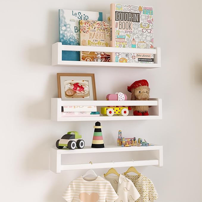 Heimlove Nursery Floating Shelves, White Nursery Book Shelves for Wall, 16 inch Wall Bookshelf for Kids Solid Wood Shelves for Books,Toys and Decor Storage, Set of 3