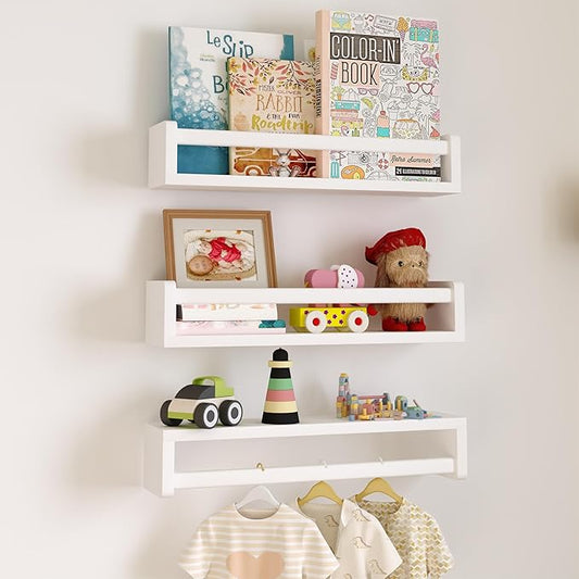 Heimlove Nursery Floating Shelves, White Nursery Book Shelves for Wall, 16 inch Wall Bookshelf for Kids Solid Wood Shelves for Books,Toys and Decor Storage, Set of 3