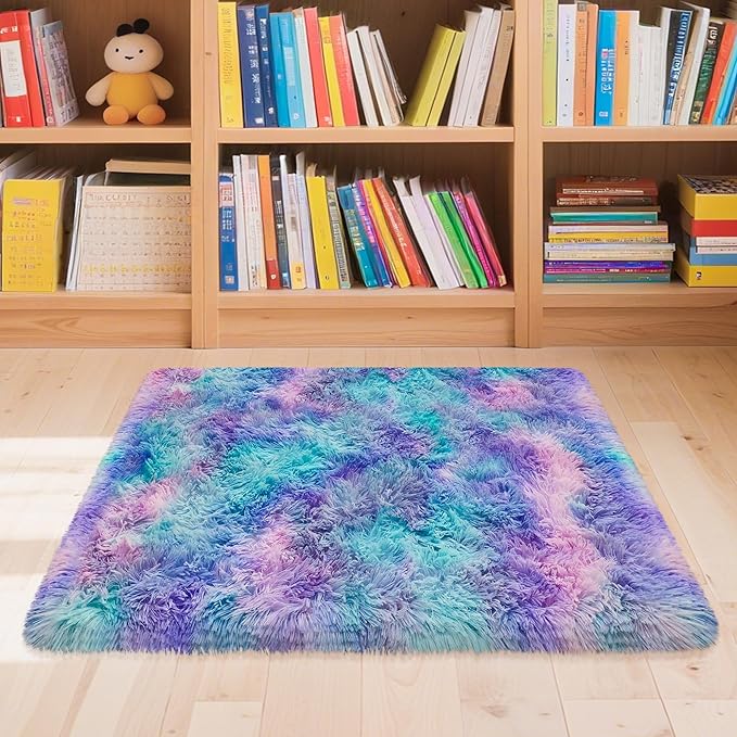Shaggy Tie Dyed Light Purple Rainbow Rug Small,2x3 Area Rugs for Living Room Door Entryway Indoor Inside Front Entrance Dog Mat Anti-Skid Extra Comfy Fluffy Floor Carpet for Home Decorative