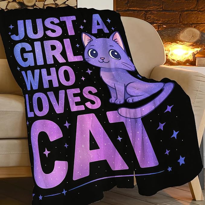 Cat Throw Blanket Lovely Kitten Just A Girl Who Loves Cat Fleece Blanket Soft Cozy Fuzzy Plush Warm Stuff Bedding Blankets Gifts for Kids Cats Lover Girls Boys Kids Adult Men Women 50"X60"