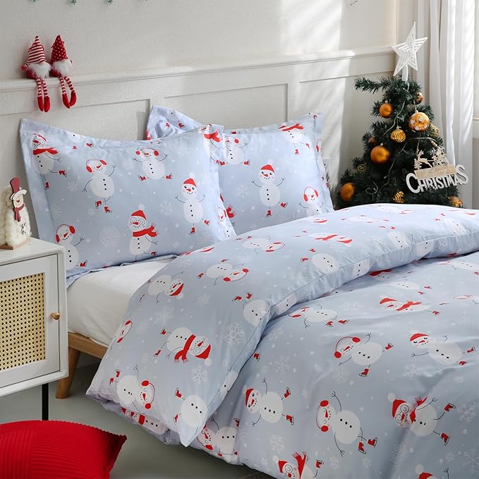 JSD Snowman Kids Duvet Cover Set Twin Size, 2 Piece Blue Printed Christmas Microfiber Comforter Cover with Pillow Sham Zipper Closure, Comforter Not Included