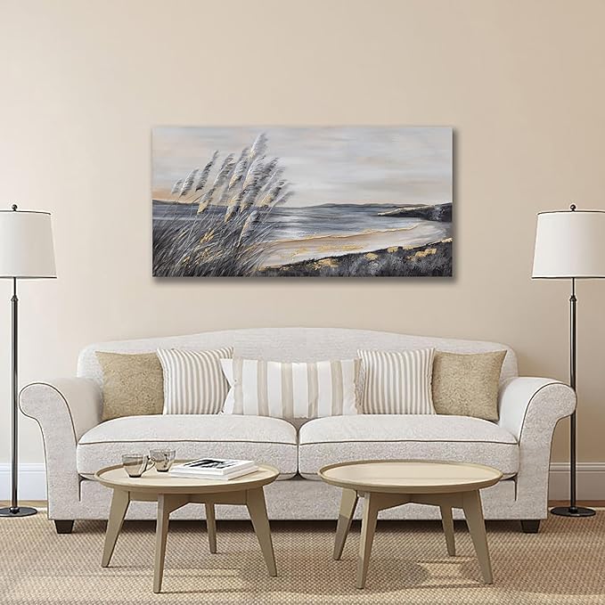 Yuaxker Ocean Wall Art Grey and Gold Ocean Art Wall Decor Canvas Painting Modern Minimalist Canvas Painting for Living Room, Bedroom, Dining Room Office Home Decor Artwork 24x48 inch