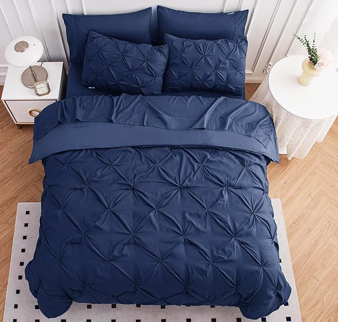 Lane Linen King Comforter Set - 7 Piece Bedding with King Size Comforter, Sheets, Pillowcases & Shams - Pintuck Pinch Pleated - Navy Blue
