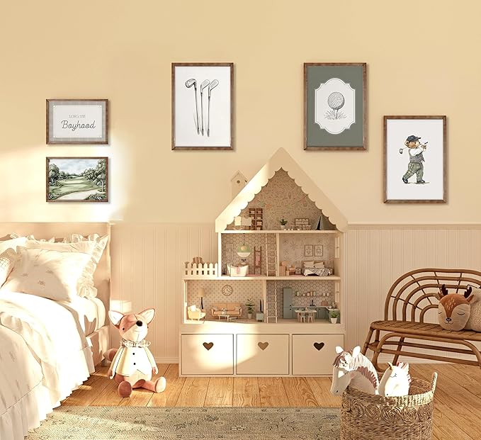 Vintage Golf Nursery Wall Art Retro Sport Kids Room Canvas Wall Decor Teddy Bear Pictures Sage Green Antique Posters Baby Animal Painting Print Artwork for Baby Boy Girl Room Playroom, Unframed