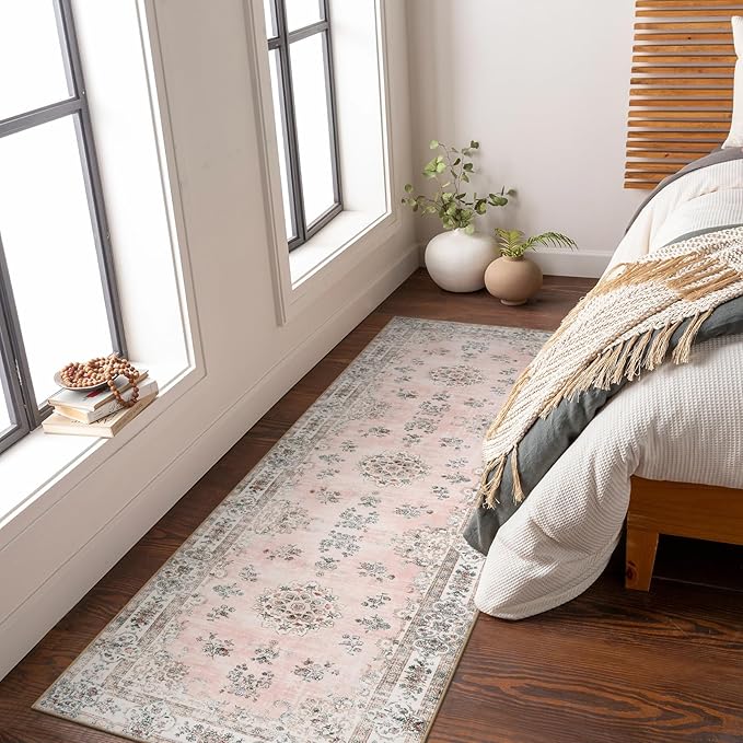 Lahome Pink 2'6"x8' Runner Rugs for Hallway, Europe Vintage Floral Print Washable Runner for Kitchen Bathroom Entryway, Faux Wool Non-Slip Stain Resistant Mat for Floor Protection