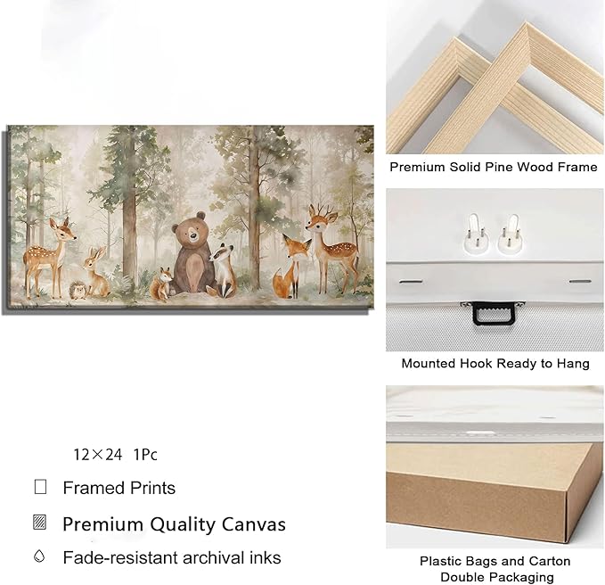Woodland Animal Nursery Canvas Wall Art Wild Animals Forest Paintings Pictures Wall Decor Fox Bear Deer Watercolor Poster Print Artwork for Boys Room Girls Room Home Decoration （Framed）