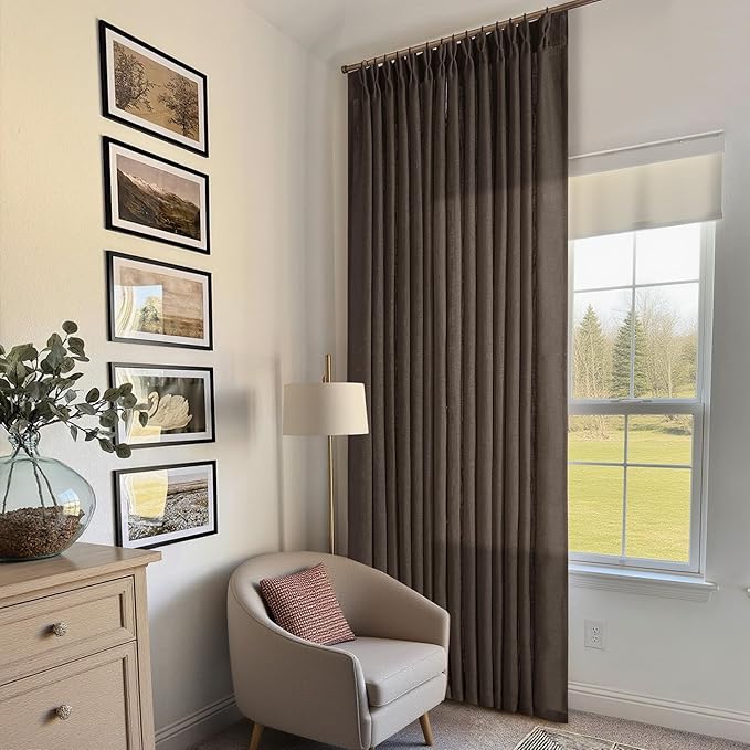 Dark Chocolate Pinch Pleated Linen Curtains 2 Panels for Living Room Bedroom Memory Training Shaped Semi Sheer Pleat Drapes with Hooks Rings Light Filtering Window Curtain 40x102