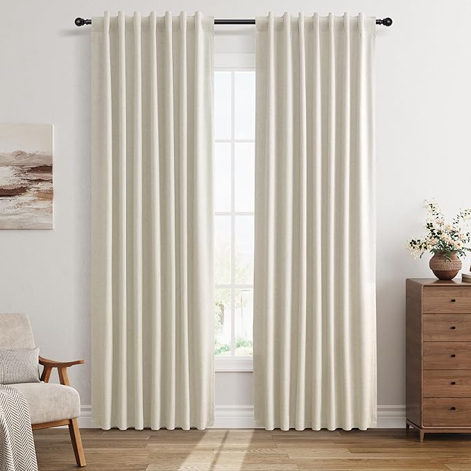 Guken Warm Beige Linen 100% Blackout Curtains 84 Inch Length 2 Panels for Living Room Bedroom Country Farmhouse Linen Black Out Thermal Insulated Soundproof Hook Belt Back Tab Nursery 52x84 7Ft
