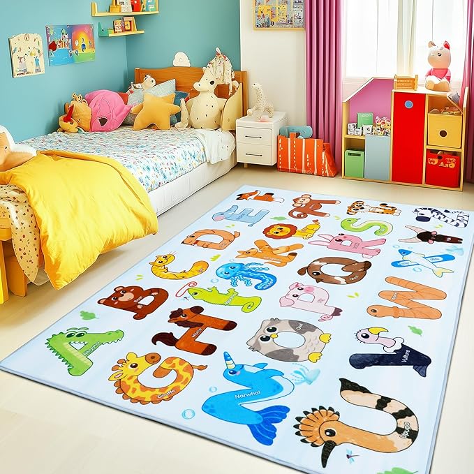 Kids Rugs for Playroom, 4x5 Feet Educational Rug for Learn The ABC Alphabet, Soft Machine Washable Non-Slip Cute Animal Carpet for Classroom Toddler Nursery Kids Room Decor Mat, Blue
