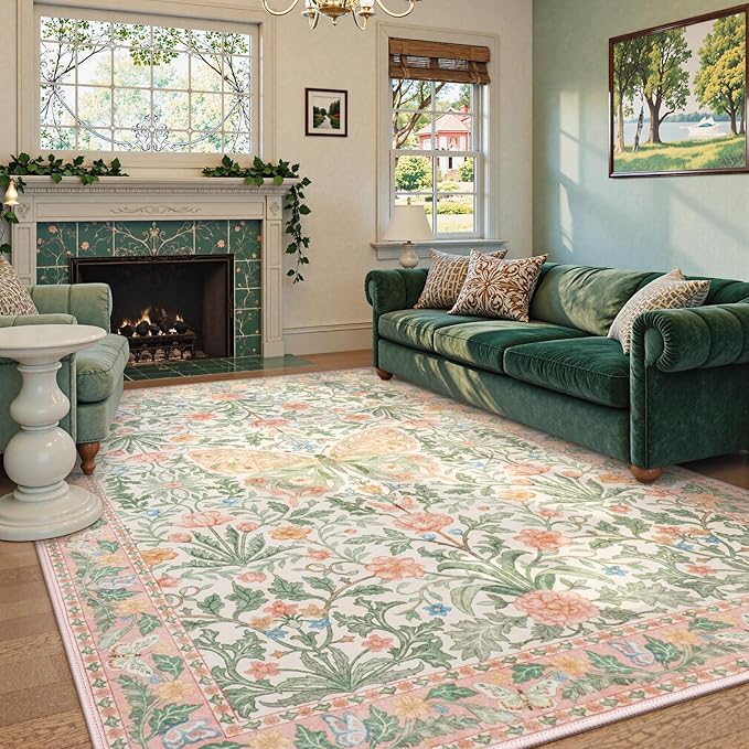 Collive 8x10 Pink Butterfly Rugs for Living Room, Vintage Insect Girls Bedroom Area Rug Washable, Boho Floral Non Slip Large Floor Carpet for Dining Room Kids Room Office