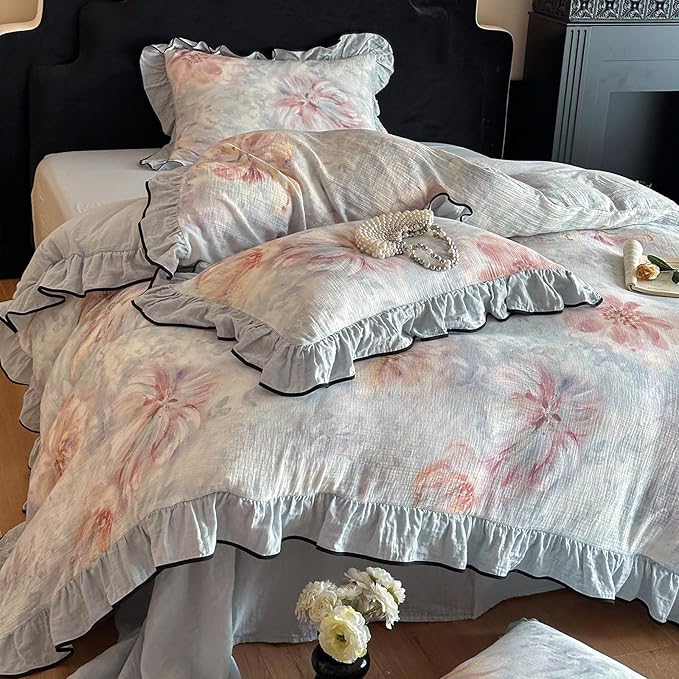 HighBuy Linen Cotton Duvet Cover Full,Blue Ruffle Bedding French Style Floral Print,Yarn-Dyed Textured Duvet Cover Set Blush Flower Shabby Chic Bedding Comforter Cover Set，Soft and Breathable
