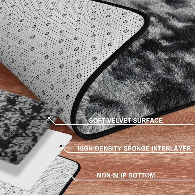 Merelax Soft Area Rugs for Livingroom Bedroom, Shaggy Plush Fuzzy Fluffy Carpet Furry Fur Rug, Modern Indoor Comfy Nursery Kids Dorm Home Decor Floor Mat, 8 x 10 ft, Tie-Dyed Black & Grey