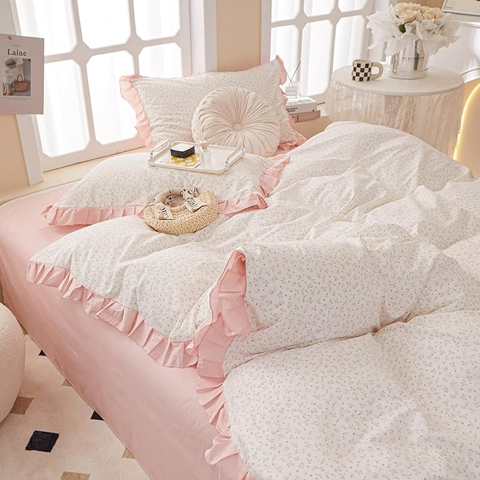 Pink Flower Duvet Cover Twin XL 3 Pieces Ruffle Floral Duvet Cover Girls Cottagecore Bedding Set Soft 100% Cotton Floral Lace Comforter Cover Vintage Botanical Flower Bedding Cover with Zipper Closure