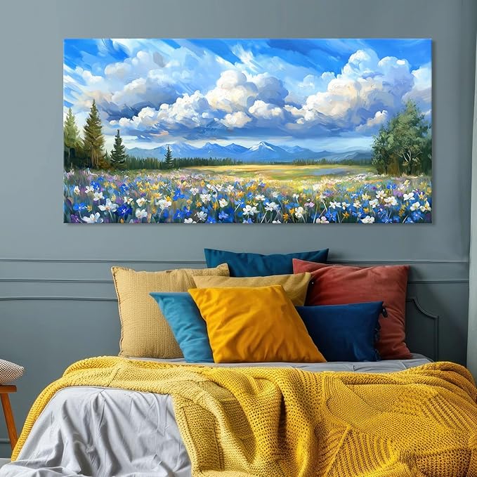 Mountain Wildflower Wall Art, Natural Landscape Wall Decor Painting Blue Sky White Cloud Scenery Picture for Living Room, Farmhouse Nature Colorful Flower Canvas Prints Artwork for Bedroom 12x24 inch