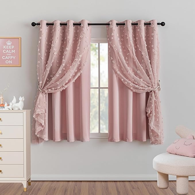 MYSKY HOME Double Layer Curtains for Girls Bedroom Kids Curtain Pink Pom Pom Sheer Window Curtains 2 Panels Pink Curtains Grommet Room Darkening Solid Nursery Curtains 63 Inches Length, W52 X L63
