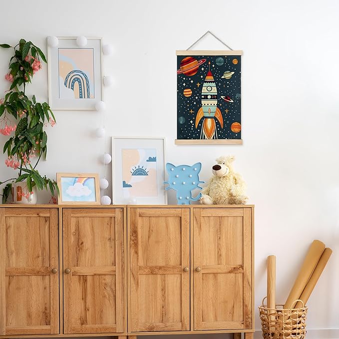 URLLUAE Rocket Ship Space Wall Art Posters for Kids Room, Colorful Outer Space Planet Poster Hanger Frame for Boys Bedroom Classroom Nursery Playroom Wall Decor, 12x16 Inch