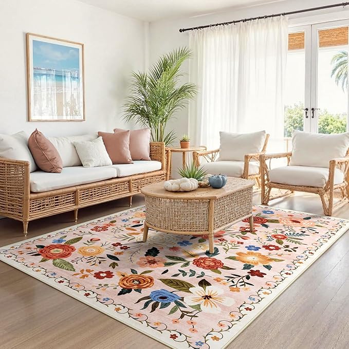 5x7 Washable Area Rug for Living Room, Floral Non-Slip Non-Shedding & Easy Care, Soft Low Pile Boho Indoor Floor Carpet for Living Room, Bedroom, Farmhouse, Dining Room, Kids Playroom, Beige