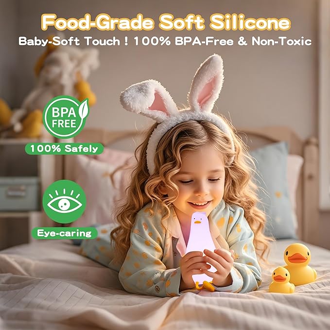Cute Duck Night Light with Color Changing, APP/Tap Fun Lying Flat Duck Lamp with Rubber Duck Gift,Soft Silicone Nursery Nightlight,Dimmable/Timing Bedside Lamp,White Elephant Xmas Gifts for Baby Kids