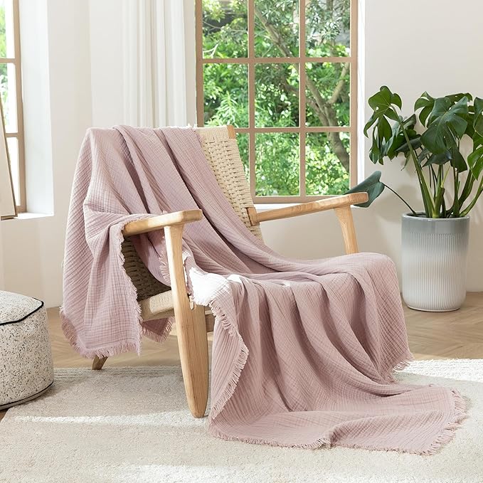 MooMee Muslin Blanket - 100% Cotton 4-Layer Gauze Throw Blanket with Tassels Ultra-Soft Breathable Lightweight Cooling for Bed Couch (Greyish Pink,Super King 108" x 98")