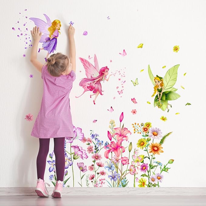 Supzone Flower Fairy Wall Stickers Butterfly Girl Wall Decals Removable Vinyl Wall Art Sticker for Girls Baby Nursery Kids Bedroom Living Room Bathroom