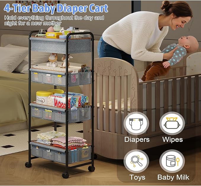 4-Tier Rolling Storage Cart,Baby Diaper Caddy Cart Organizer, Nursery Baby Dresser Organizer with Wheels,with 2 Dividers & 21 Mesh Pockets，Metal Utility Cart for Nursery,Bedroom,Bathroom