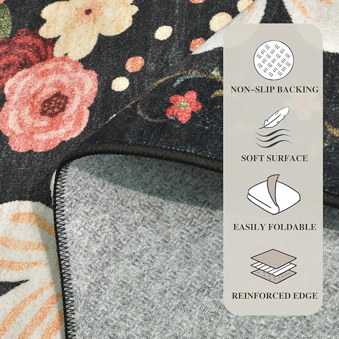 6x9 Washable Area Rug for Living Room, Floral Non-Slip Non-Shedding & Easy Care, Soft Low Pile Vintage Indoor Floor Carpet for Living Room, Bedroom, Farmhouse, Dining Room, Kids Playroom, Black