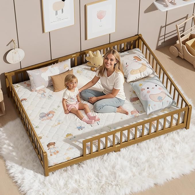 LLS Queen Floor Bed for Kids Toddlers, Solid Wood Multifunctional Montessori Bed Frame with Safety Guardrails, Without Door, Easy Assemble,Light Espresso