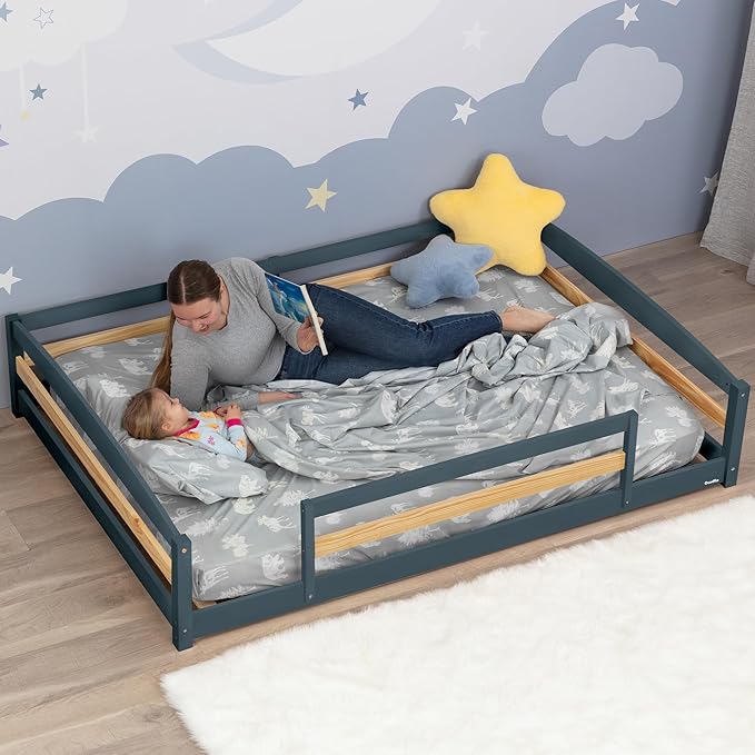 Ocodile Full Size Montessori Floor Bed for Kids - Strong Slatted Bed Frame with Full Rails - Ideal for Little Girls and Boys - Gray