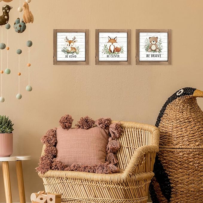 3 Piece Woodland Nursery Wall Decor, Wooden Forest Animal Bear Fox Deer Sign Nursery Art, Nature Jungle Safari Theme Baby Shower Decorations for Home Table Top Shelf Desk Classroom Bathroom