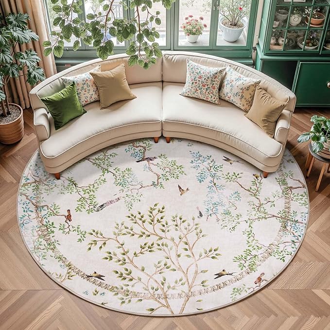jinchan Yarden Round Rugs 7ft Ivory Botanical Birds Print,Machine Washable 7' Circle Nature Plants Modern Soft Non Slip Kids Throw Area Rugs Ultra Thin Low Pile Carpet for Living Room Bedroom