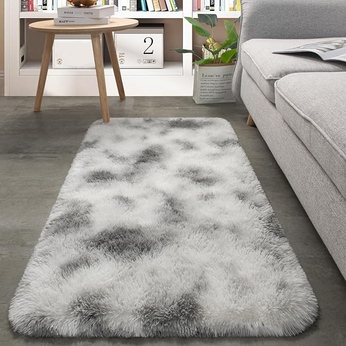 Merelax Fluffy Small Soft Area Rugs for Livingroom, 2x4 Tie-Dyed White Grey Mini Shaggy Throw Rug, Abstract Fuzzy Door Entryway Indoor Inside Front Entrance Dog Mat Accent Home Decor Aesthetic