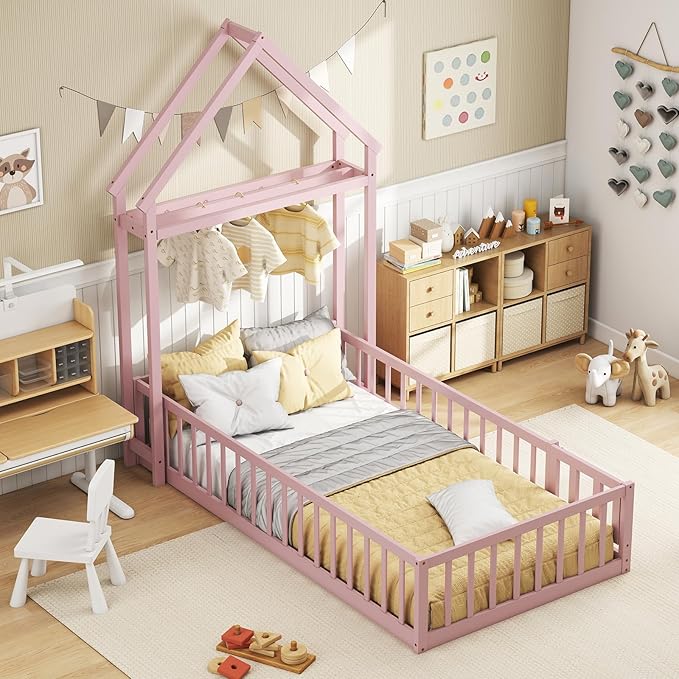 KOMFOTT Twin Size Floor Bed with House-Shaped Headboard, Kids Montessori Floor Bed with Detachable Clothes Hanger, Full Length Safety Guardrails, Door & Latch, Solid Wood Floor Bed Frame