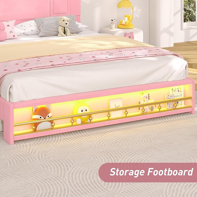 Full Size Bed Frame with Storage Headboard, Platform Bed Frame Full with LED Lights and Charging Station, Velvet Princess Bed for Girls/Kids, No Box Spring Needed/Noise-Free/Easy Assembly,Pink