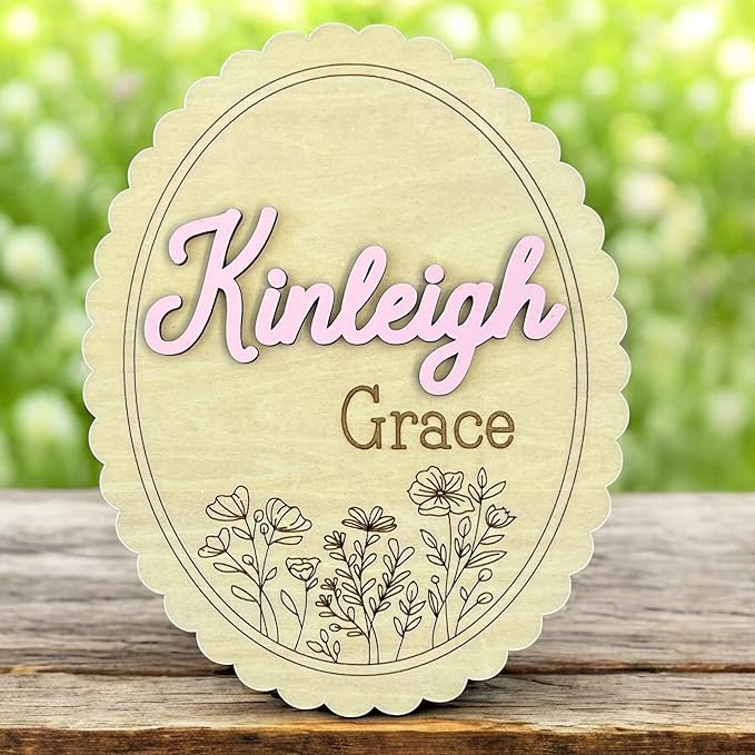Personalized 3D Baby Name Sign with Floral Design, Scallop Engraved Birth Announcement Plaque, Baby Shower - Newborn Keepsake (Name Sign)