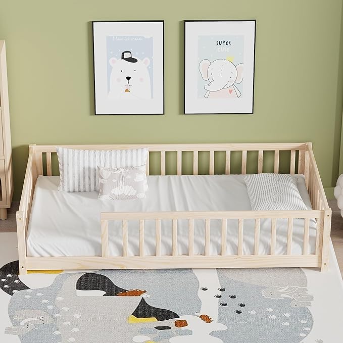 LLS Twin Floor Bed for Kids Solid Wood Montessori Bed Frame with Safety Guardrails Multifunctional Montessori Floor Bed for Toddlers, Without Door, Natural