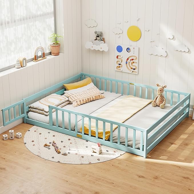KOMFOTT Queen Size Wood Floor Bed with Door & Fence, Montessori Bed Frame with Full Length Safety Guardrails, Door & Latch, Wooden Montessori Floor Bed for Kids, Girls, Boys (Queen,Green)
