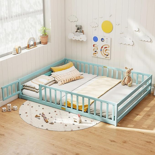 KOMFOTT Queen Size Wood Floor Bed with Door & Fence, Montessori Bed Frame with Full Length Safety Guardrails, Door & Latch, Wooden Montessori Floor Bed for Kids, Girls, Boys (Queen,Green)