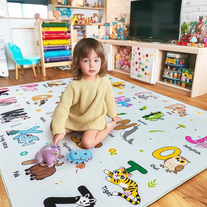 Kids Rugs for Playroom, 4x5 Feet Educational Rug for Learn The ABC Alphabet, Soft Machine Washable Non-Slip Cute Cartoon Animals Carpet for Classroom Toddler Nursery Kids Room Decor, Blue