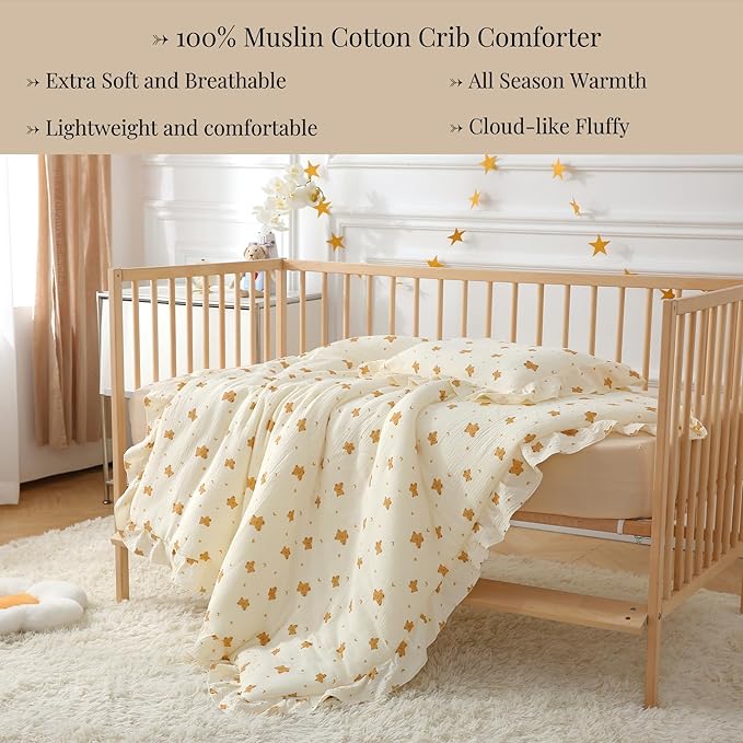 100% Cotton Muslin Crib Comforter/Quilt,Ultra Soft Cozy Reversible Baby Blanket,All Season Toddler Blankets for Boys and Girls, Machine Washable,41"x48"
