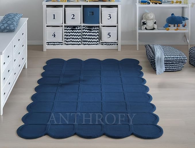 Selena Scallop Area Rug – 8' R – Handmade Wool Area Rugs – Navy Blue – Rugs for Living Room, Bedroom – Anti-Skid – Carpets with Non-Slip Natural Backing with 100% Cotton